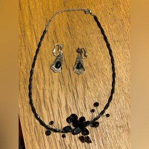 Vintage Sterling and onyx jewelry pairing. Beaded necklace with wired floral